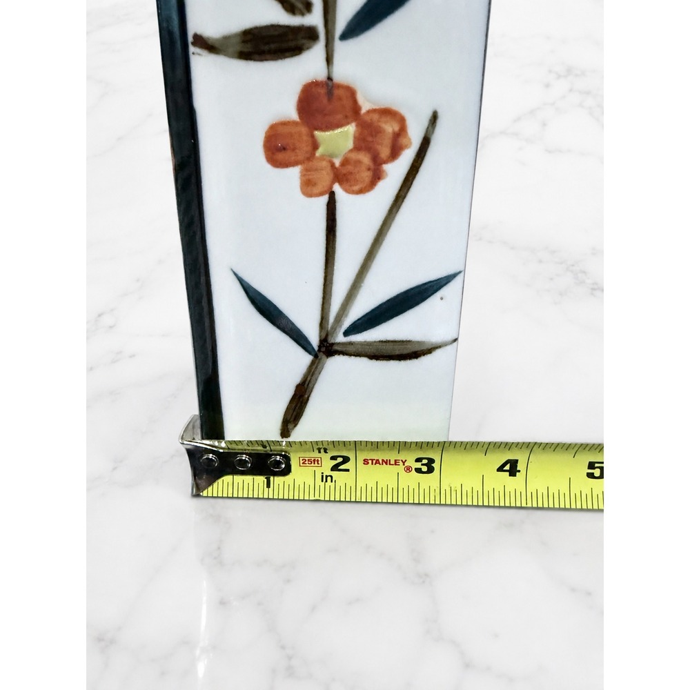 Vintage Japanese Square Ceramic Flower Vase Hand Painted Orange Floral Bamboo 7" - Picture 8 of 8